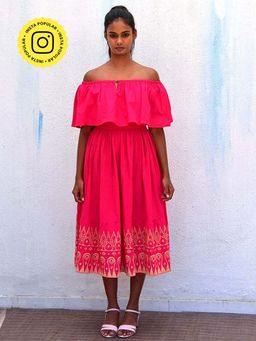 Chidiyaa - Smell of Rain Rani Off Shoulder Hand Block Printed Cotton Dress