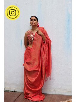 Chidiyaa - TOG Red Handwoven Linen Zari Saree