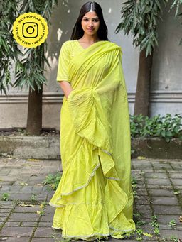 Chidiyaa - Jugnu Heer Lime Green Mulmul Cotton Saree with Stitched Blouse