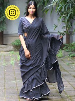 Chidiyaa - Jugnu Firefly Charcoal Grey Mulmul Cotton Saree with Stitched Blouse
