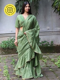 Chidiyaa - Jugnu Shimmer Moss Green Mulmul Cotton Saree with Stitched Blouse