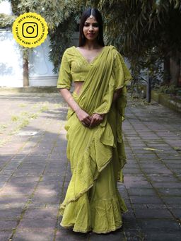 Chidiyaa - Jugnu Sparkle Pear Green Mulmul Cotton Saree with Stitched Blouse