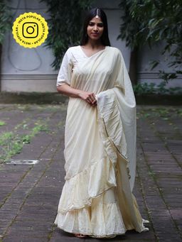 Chidiyaa - Jugnu Starlit Cream Mulmul Cotton Saree with Stitched Blouse