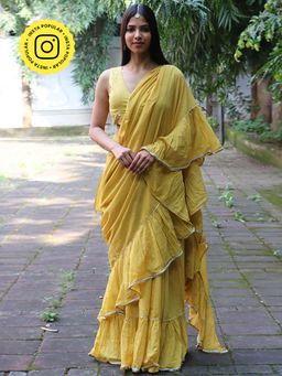 Chidiyaa - Jugnu Sunflower Yellow Mulmul Cotton Saree with Stitched Blouse