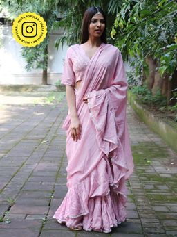 Chidiyaa - Jugnu Rose Pink Mulmul Cotton Saree with Stitched Blouse