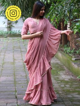 Chidiyaa - Jugnu Rosewood Mulmul Cotton Saree with Stitched Blouse