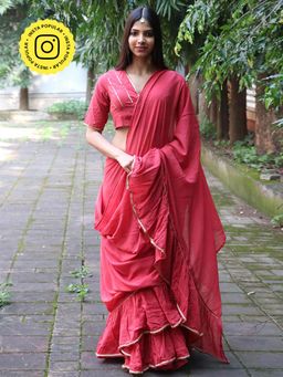 Chidiyaa - Jugnu Luminaire Pink Mulmul Cotton Saree with Stitched Blouse