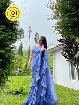 Chidiyaa - Jugnu Evening Blue Mulmul Cotton Saree with Stitched Blouse