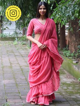Chidiyaa - Jugnu Lumina Pink Mulmul Cotton Saree with Stitched Blouse