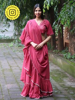 Chidiyaa - Jugnu Ray Rose Mulmul Cotton Saree with Stitched Blouse