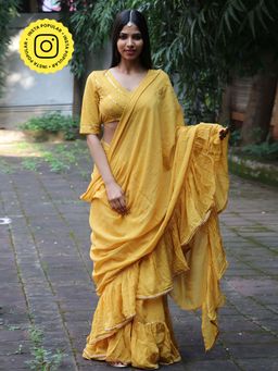 Chidiyaa - Jugnu Ember Mustard Mulmul Cotton Saree with Stitched Blouse