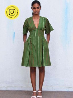 Chidiyaa - Humming Bird Serene Splendour Olive Hand Block Printed Cotton Dress