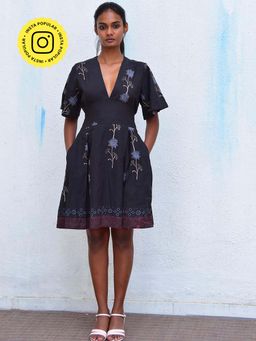 Chidiyaa - Humming Bird Whispering Blooms Black Hand Printed Cotton Dress