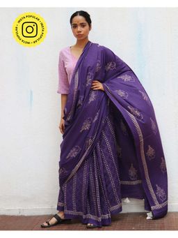 Chidiyaa - Paakhi Lovers Moon Purple Handblock Printed Cotton Saree