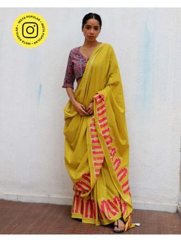 Chidiyaa - Paakhi Apricot Sun Mustard Yellow Handblock Printed Cotton Saree
