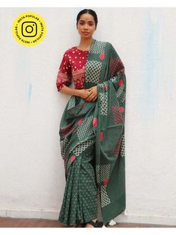 Chidiyaa - Paakhi Juliet's Waltz Green Handblock Printed Cotton Saree