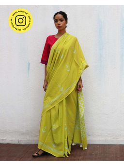 Chidiyaa - Paakhi Lady Marmalade Green Handblock Printed Cotton Saree