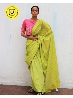Chidiyaa - Paakhi Vincent Lime Green Handblock Printed Cotton Saree