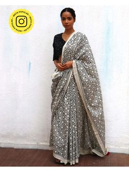 Chidiyaa - Paakhi Ariadne Ivory Handblock Printed Cotton Saree