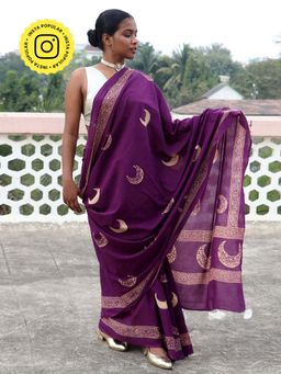 Chidiyaa - Paakhi Purple Moon Handblock Printed Cotton Saree