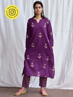 Chidiyaa - Smell Of Rain Poppy Field Hand Block Printed Cotton Kurta with Pant (Set of 2)