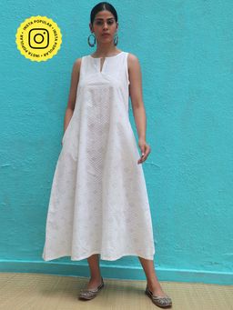 Chidiyaa - Safed Ziva White Cotton Block Printed Midi Dress