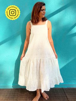 Chidiyaa - Safed Poornima Cotton Block Printed Maxi Dress