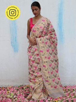 Chidiyaa - Gul-Khwaab Handwoven Jamdani Pure Linen Saree without Blouse