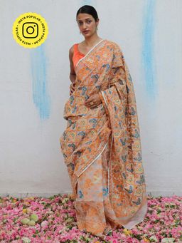 Chidiyaa - Gul-E-Ashrafi Handwoven Jamdani Pure Linen Saree without Blouse