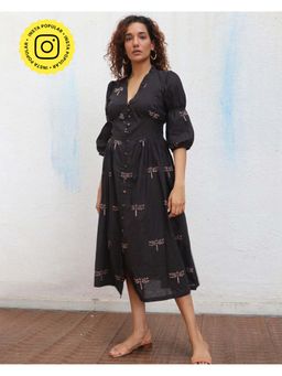 Chidiyaa - Daydreaming In Monochrome Laid Black Printed Cotton Dress