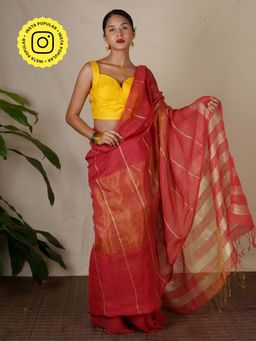 Chidiyaa - Pink Eknoor Jyotsna Handwoven Linen Zari Saree without Blouse