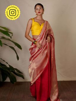 Chidiyaa - Red Eknoor Abhati Handwoven Linen Zari Saree without Blouse
