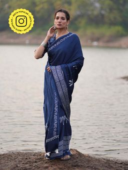 Chidiyaa - Blue Jaiswal Urmi Block Printed Modal Silk Saree without Blouse