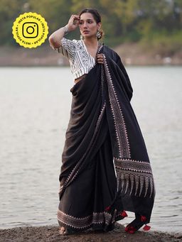 Chidiyaa - Black Jaiswal Mansi Block Printed Modal Silk Saree without Blouse