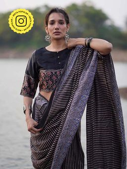 Chidiyaa - Black Jaiswal Bhumika Block Printed Modal Silk Saree without Blouse