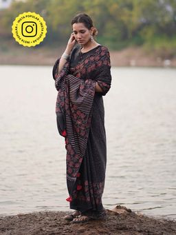 Chidiyaa - Black Jaiswal Rahi Block Printed Modal Silk Saree without Blouse