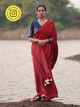 Chidiyaa - Red Jaiswal Dhara Block Printed Modal Silk Saree without Blouse