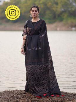 Chidiyaa - Black Jaiswal Ahima Block Printed Modal Silk Saree without Blouse