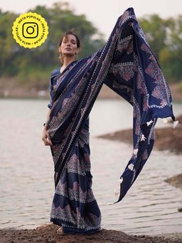 Chidiyaa - Blue Jaiswal Elishat Block Printed Modal Silk Saree without Blouse