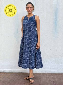 Chidiyaa - Navy Blue Butterfly Blockprinted Cotton Dress