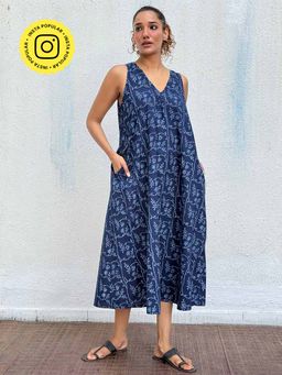Chidiyaa - Navy Blue Blockprinted Cotton Dress