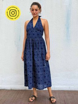 Chidiyaa - Navy Blue Boheme Blockprinted Cotton Dress