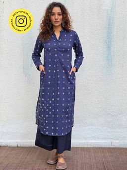 Chidiyaa - Navy Blue Midnight Waltz Bandhej Cotton Kurta