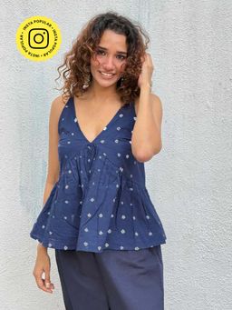 Chidiyaa - Navy Blue Sapphire Spell Bandhej Cotton Top