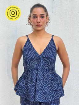 Chidiyaa - Navy Blue Kastoree Geometric Printed Cotton Top