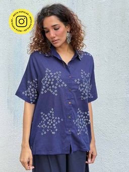Chidiyaa - Navy Blue Madame Azure Bandhej Cotton Shirt