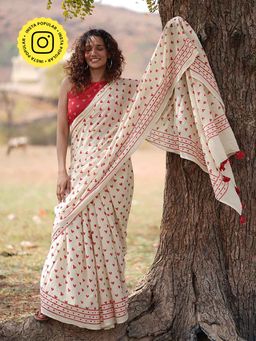 Chidiyaa - Cream Dil Awara Printed Cotton Saree Without Blouse