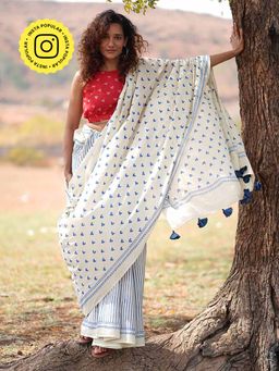 Chidiyaa - White Phiri Le Aya Dil Printed Cotton Saree Without Blouse