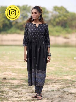Chidiyaa - Wwb Midnight Garden Block Printed Cotton Anarkali Kurta With Pant (Set of 2)
