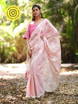Chidiyaa - Passion Of Peonies Blush Pink Block Printed Saree